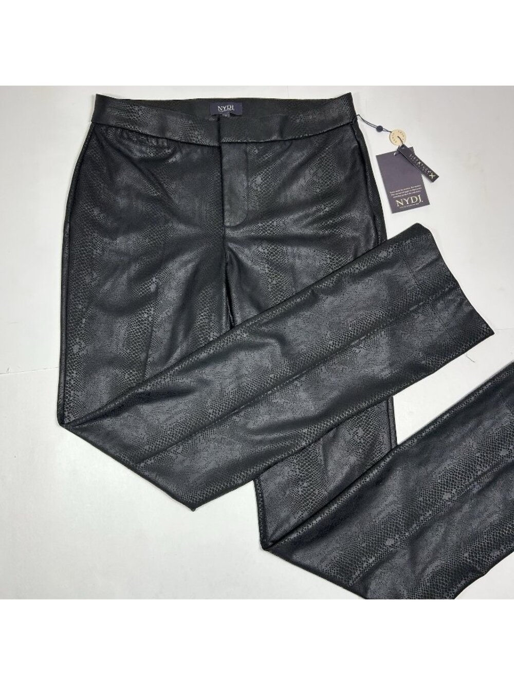 NWT NYDJ Faux Leather Python Print Straight Leg Pants Black Lift X Tuck Tech 6